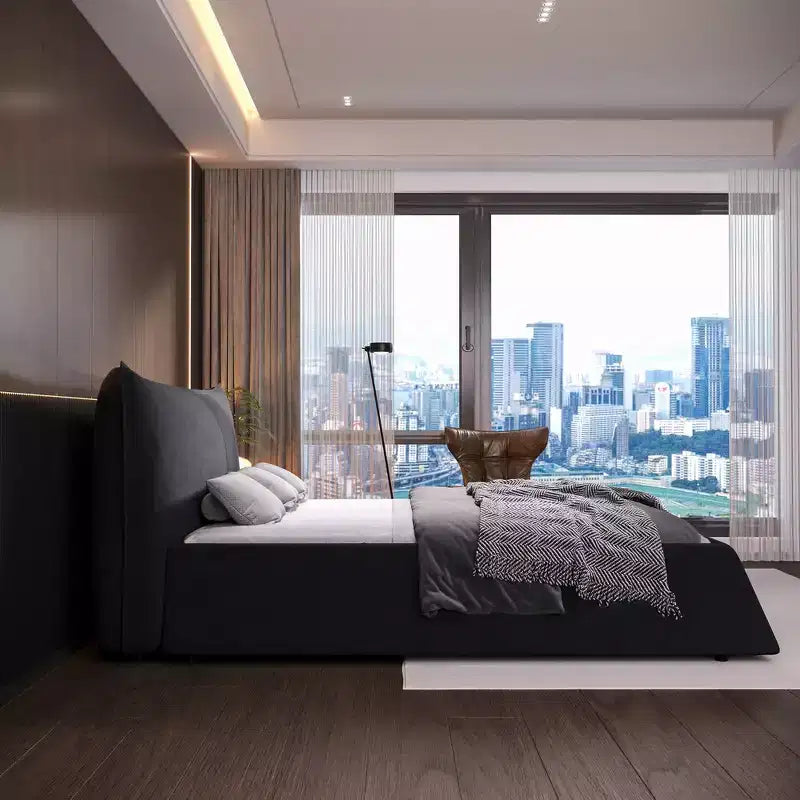 King Size Upholstered Platform Bed, Metal & Solid Wood Bed Frame with Special Shaped Velvet Headboard