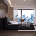 King Size Upholstered Platform Bed, Metal & Solid Wood Bed Frame with Special Shaped Velvet Headboard