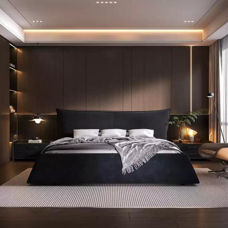 King Size Upholstered Platform Bed, Metal & Solid Wood Bed Frame with Special Shaped Velvet Headboard