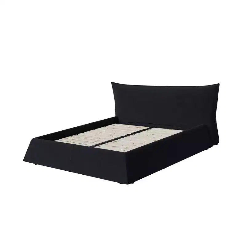 King Size Upholstered Platform Bed, Metal & Solid Wood Bed Frame with Special Shaped Velvet Headboard