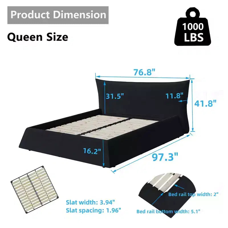 King Size Upholstered Platform Bed, Metal & Solid Wood Bed Frame with Special Shaped Velvet Headboard