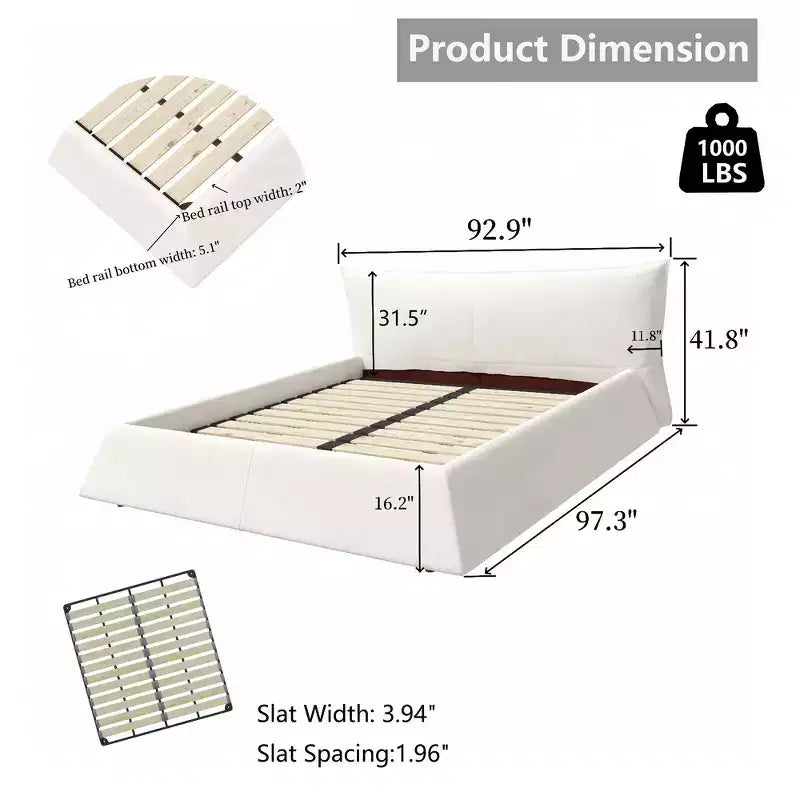 King Size Upholstered Platform Bed, Metal & Solid Wood Bed Frame with Special Shaped Velvet Headboard
