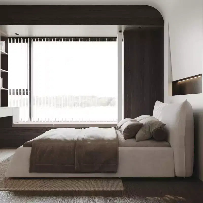 King Size Upholstered Platform Bed, Metal & Solid Wood Bed Frame with Special Shaped Velvet Headboard
