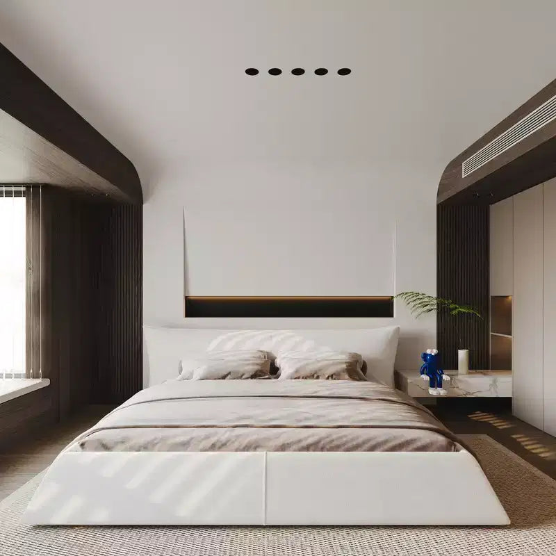 King Size Upholstered Platform Bed, Metal & Solid Wood Bed Frame with Special Shaped Velvet Headboard