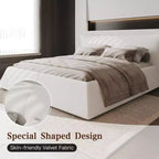 King Size Upholstered Platform Bed, Metal & Solid Wood Bed Frame with Special Shaped Velvet Headboard
