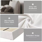 King Size Upholstered Platform Bed, Metal & Solid Wood Bed Frame with Special Shaped Velvet Headboard