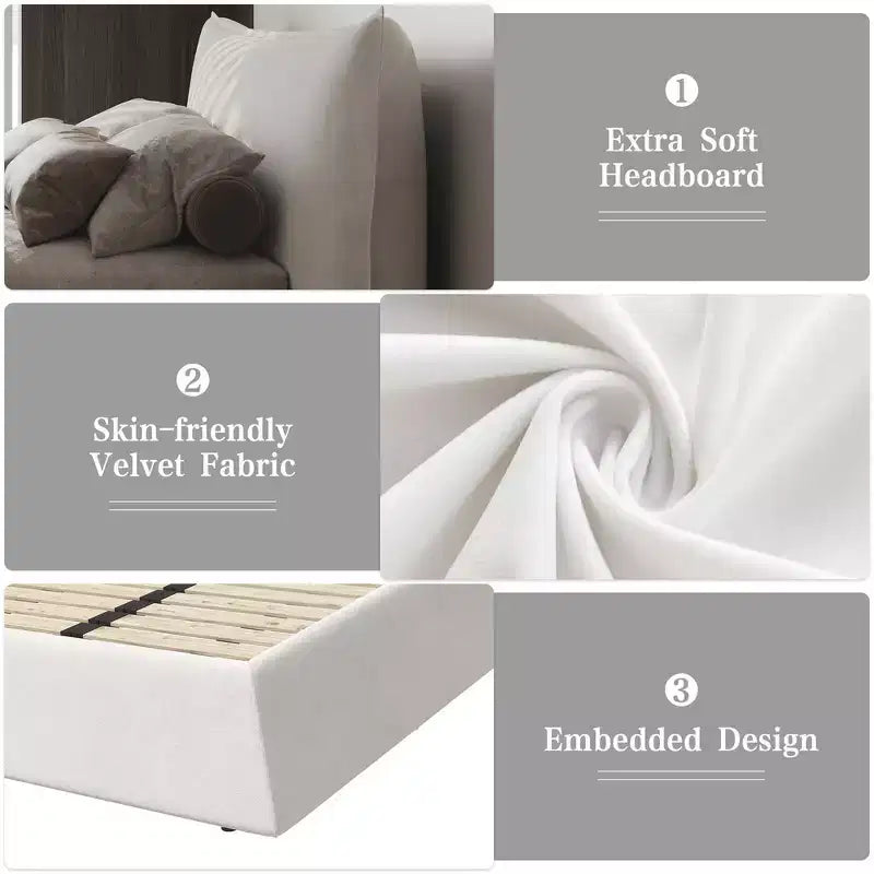 King Size Upholstered Platform Bed, Metal & Solid Wood Bed Frame with Special Shaped Velvet Headboard