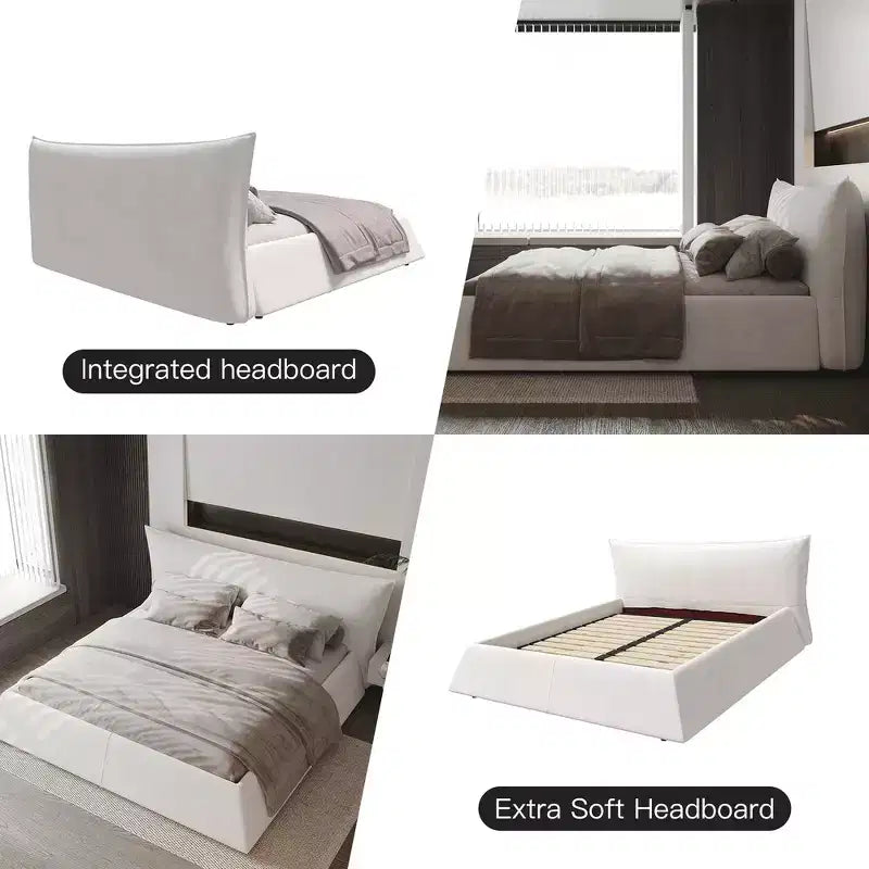 King Size Upholstered Platform Bed, Metal & Solid Wood Bed Frame with Special Shaped Velvet Headboard