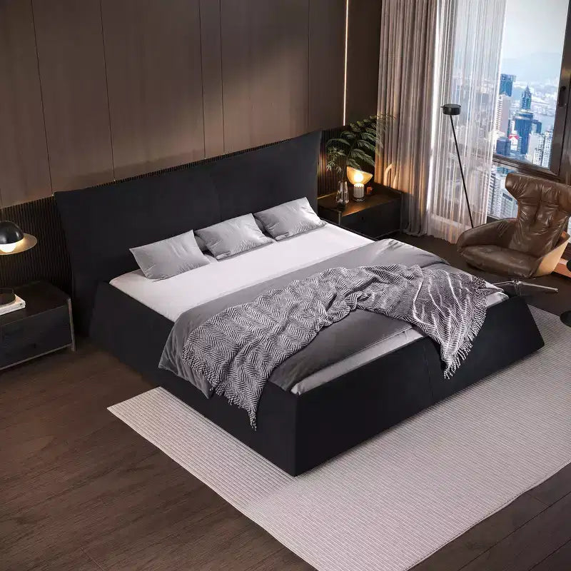 King Size Upholstered Platform Bed, Metal & Solid Wood Bed Frame with Special Shaped Velvet Headboard