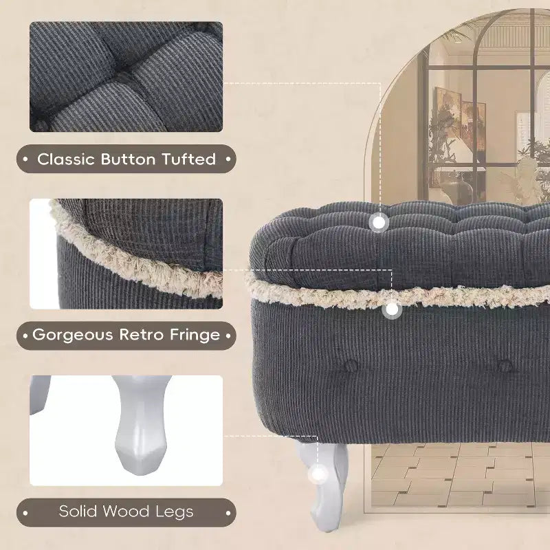 29.5 Upholstered Storage Bench,Fabric Footboard Bench with Button Tufted and Fringe,Lift Top,End of Bed Bench for Bedroom,Living Room