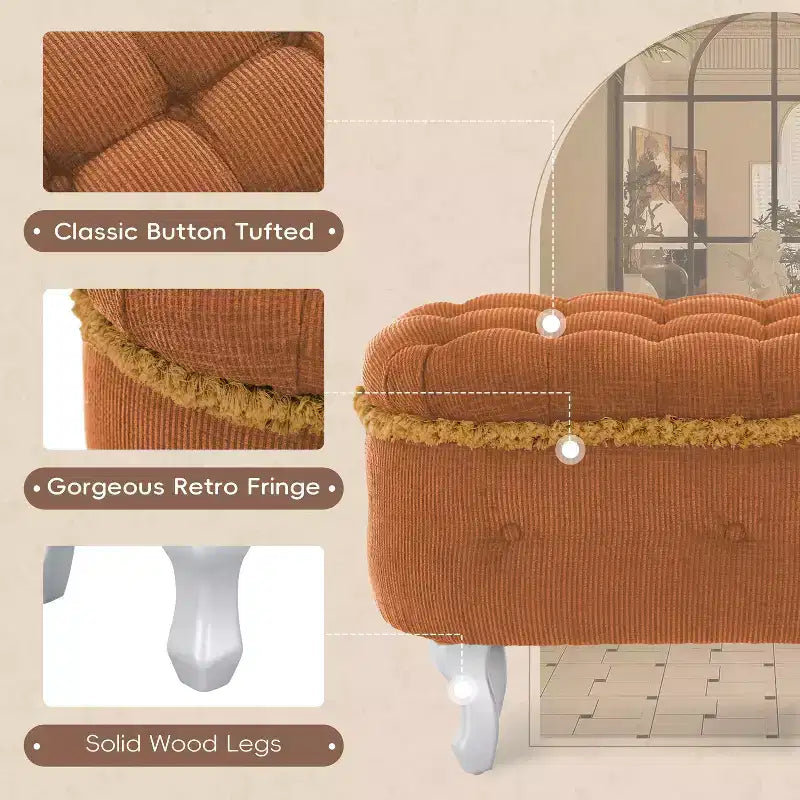 29.5 Upholstered Storage Bench,Fabric Footboard Bench with Button Tufted and Fringe,Lift Top,End of Bed Bench for Bedroom,Living Room