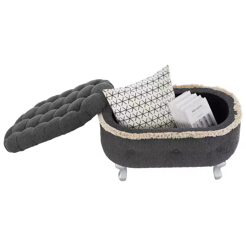 29.5 Upholstered Storage Bench,Fabric Footboard Bench with Button Tufted and Fringe,Lift Top,End of Bed Bench for Bedroom,Living Room