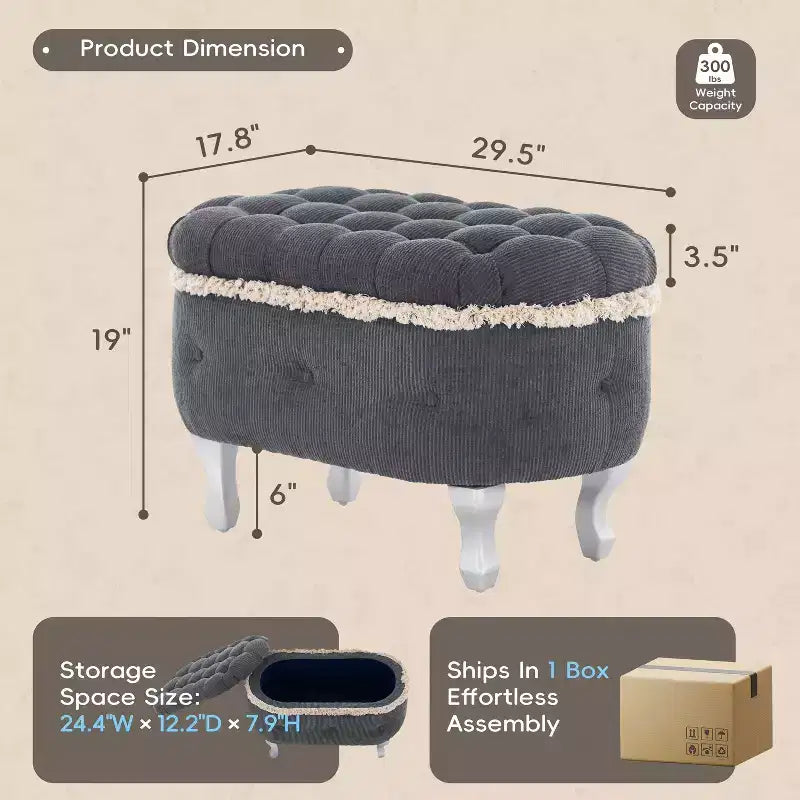 29.5 Upholstered Storage Bench,Fabric Footboard Bench with Button Tufted and Fringe,Lift Top,End of Bed Bench for Bedroom,Living Room