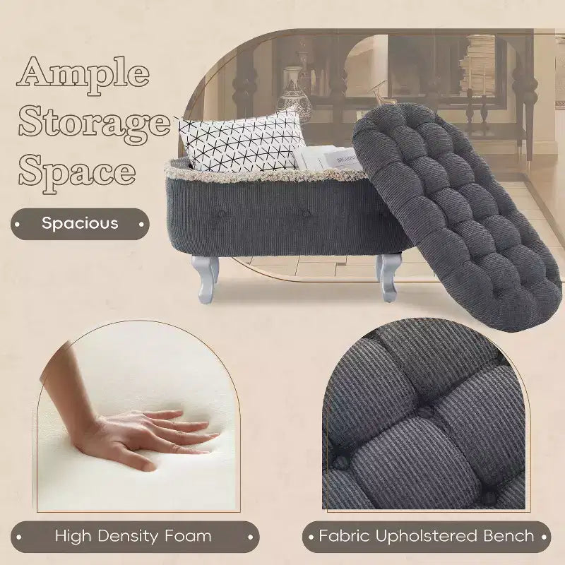 29.5 Upholstered Storage Bench,Fabric Footboard Bench with Button Tufted and Fringe,Lift Top,End of Bed Bench for Bedroom,Living Room