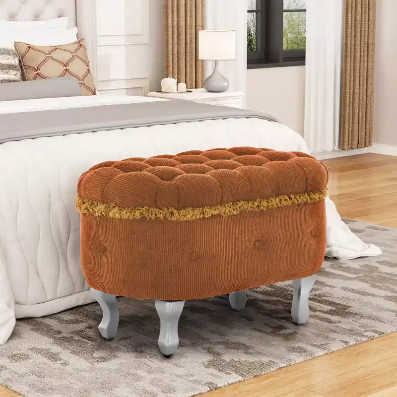 29.5 Upholstered Storage Bench,Fabric Footboard Bench with Button Tufted and Fringe,Lift Top,End of Bed Bench for Bedroom,Living Room