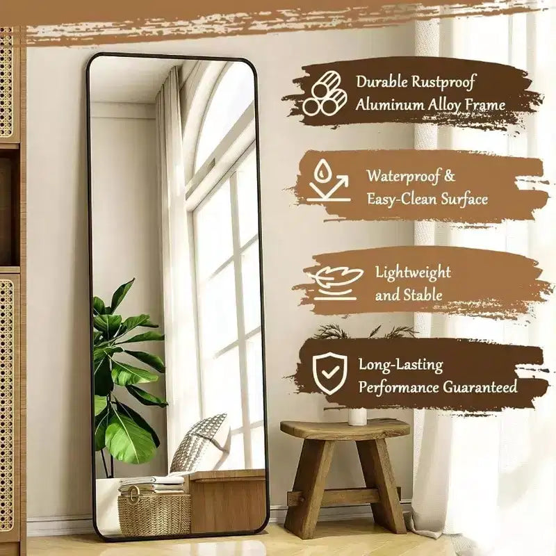 Espejo de cuerpo entero de piso de 56 x 21 pulgadas, espejo de cuerpo entero con esquinas redondeadas y soporte, negro, para dormitorio y sala de estar