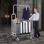 Hotel Luggage Cart, 1200 LBS Load Capacity, Brushed Stainless Steel Finish Bellman's Cart, Valet Cart with Grey Carpeted Deck and 8in, Silver