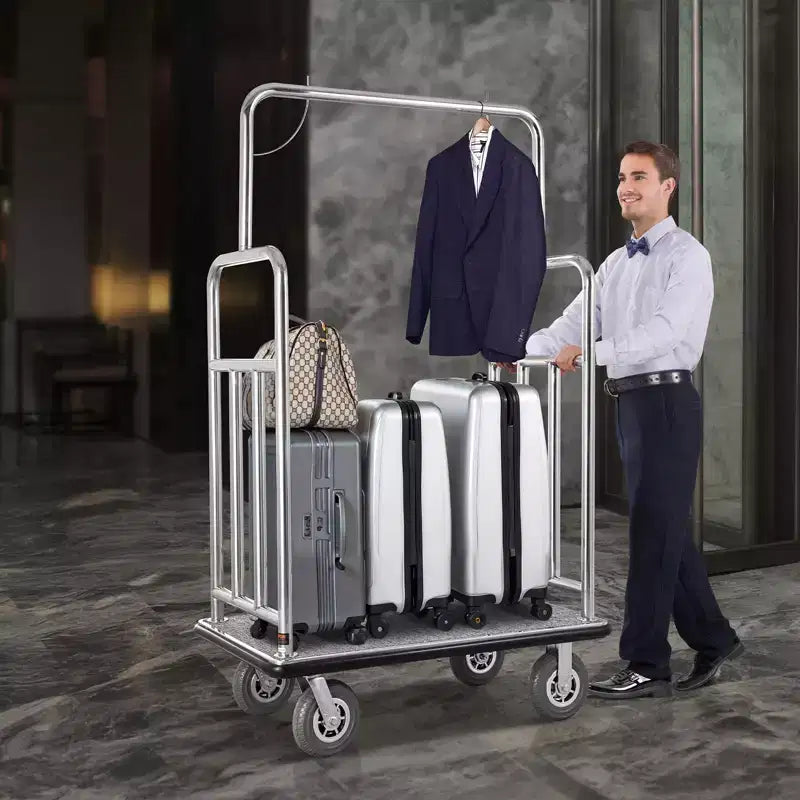 Hotel Luggage Cart, 1200 LBS Load Capacity, Brushed Stainless Steel Finish Bellman's Cart, Valet Cart with Grey Carpeted Deck and 8in, Silver