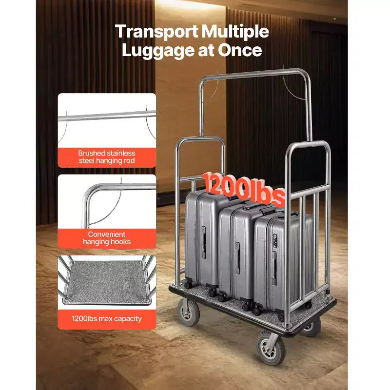 Hotel Luggage Cart, 1200 LBS Load Capacity, Brushed Stainless Steel Finish Bellman's Cart, Valet Cart with Grey Carpeted Deck and 8in, Silver
