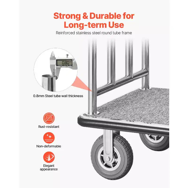 Hotel Luggage Cart, 1200 LBS Load Capacity, Brushed Stainless Steel Finish Bellman's Cart, Valet Cart with Grey Carpeted Deck and 8in, Silver