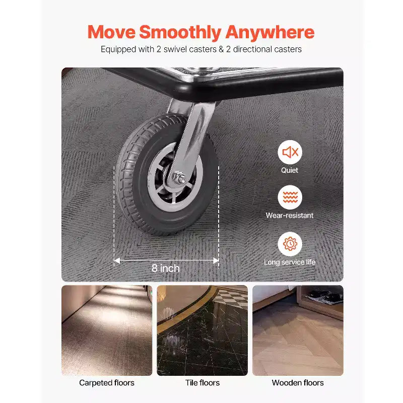 Hotel Luggage Cart, 1200 LBS Load Capacity, Brushed Stainless Steel Finish Bellman's Cart, Valet Cart with Grey Carpeted Deck and 8in, Silver