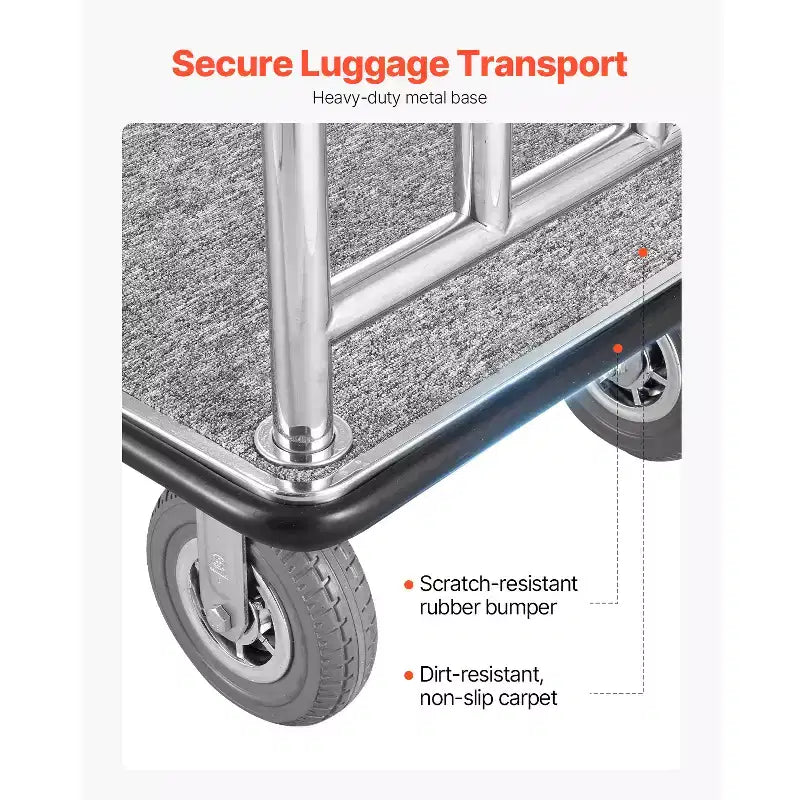 Hotel Luggage Cart, 1200 LBS Load Capacity, Brushed Stainless Steel Finish Bellman's Cart, Valet Cart with Grey Carpeted Deck and 8in, Silver