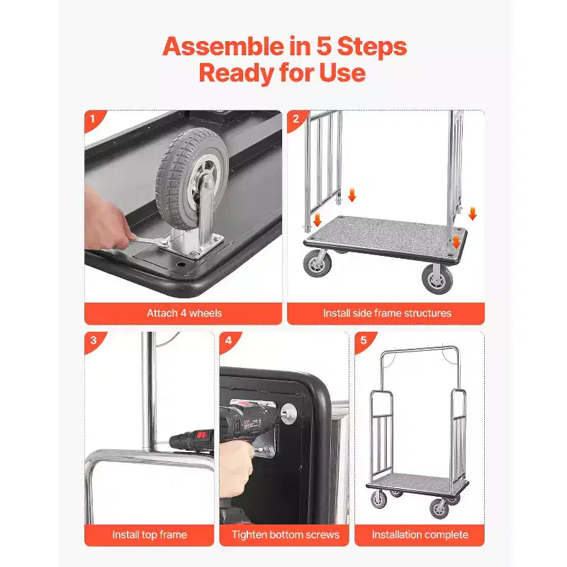 Hotel Luggage Cart, 1200 LBS Load Capacity, Brushed Stainless Steel Finish Bellman's Cart, Valet Cart with Grey Carpeted Deck and 8in, Silver