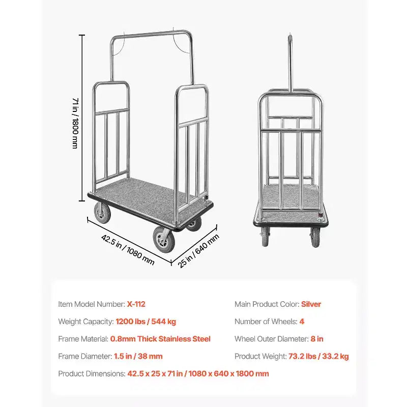 Hotel Luggage Cart, 1200 LBS Load Capacity, Brushed Stainless Steel Finish Bellman's Cart, Valet Cart with Grey Carpeted Deck and 8in, Silver