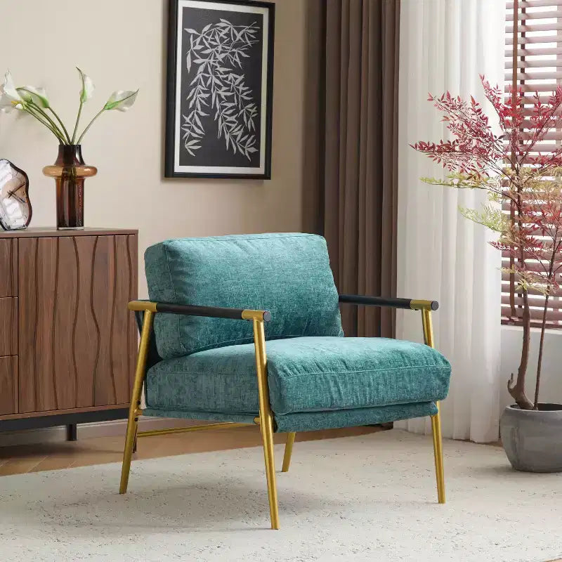 27.56 Modern Accent Chair, Plush Cushions Minimalist Metal Frame Wooden Armrest, Living Room Bedroom Office