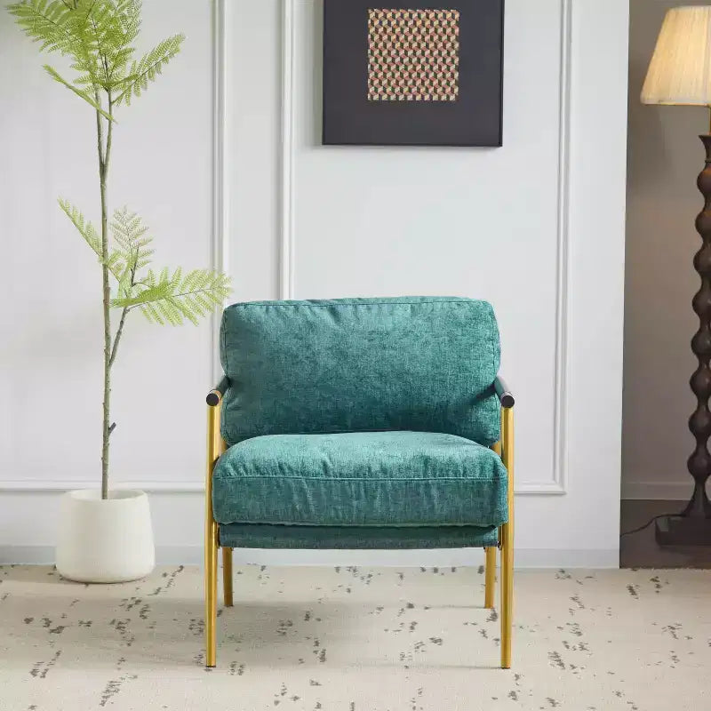 27.56 Modern Accent Chair, Plush Cushions Minimalist Metal Frame Wooden Armrest, Living Room Bedroom Office