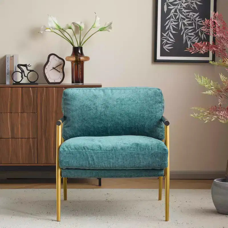 27.56 Modern Accent Chair, Plush Cushions Minimalist Metal Frame Wooden Armrest, Living Room Bedroom Office