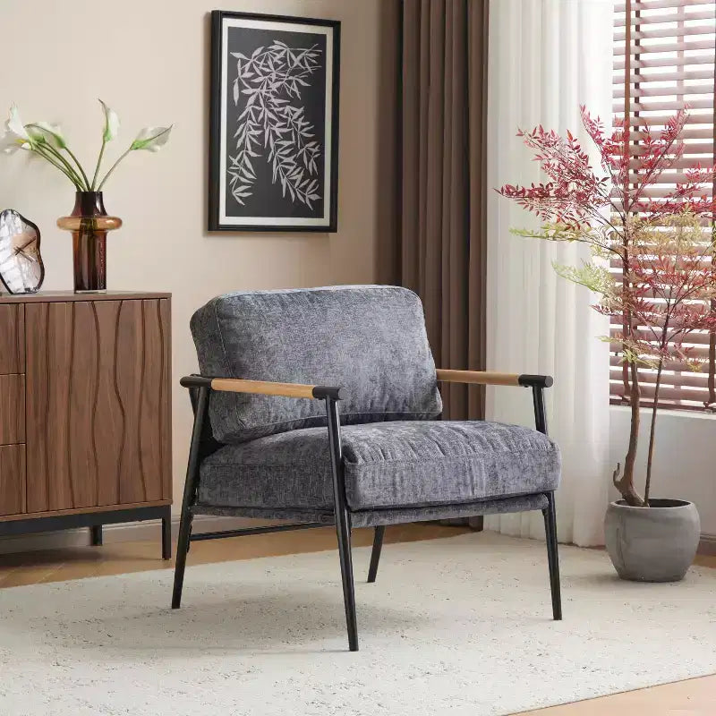 27.56 Modern Accent Chair, Plush Cushions Minimalist Metal Frame Wooden Armrest, Living Room Bedroom Office
