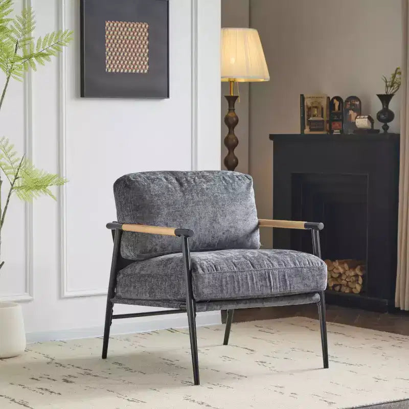 27.56 Modern Accent Chair, Plush Cushions Minimalist Metal Frame Wooden Armrest, Living Room Bedroom Office