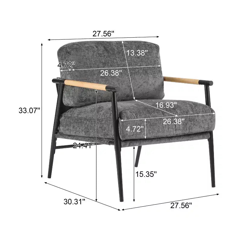 27.56 Modern Accent Chair, Plush Cushions Minimalist Metal Frame Wooden Armrest, Living Room Bedroom Office