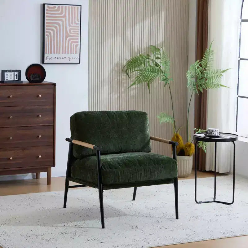 27.56 Modern Accent Chair, Plush Cushions Minimalist Metal Frame Wooden Armrest, Living Room Bedroom Office