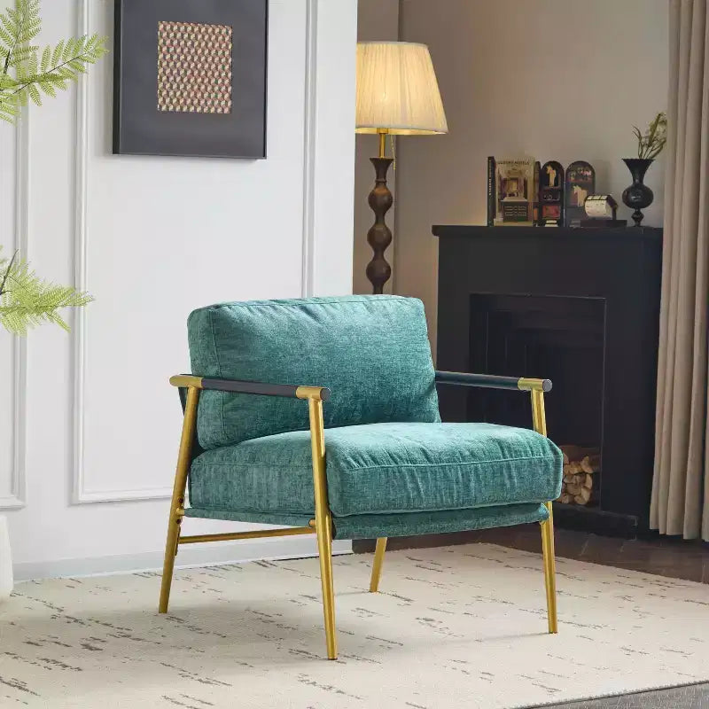 27.56 Modern Accent Chair, Plush Cushions Minimalist Metal Frame Wooden Armrest, Living Room Bedroom Office