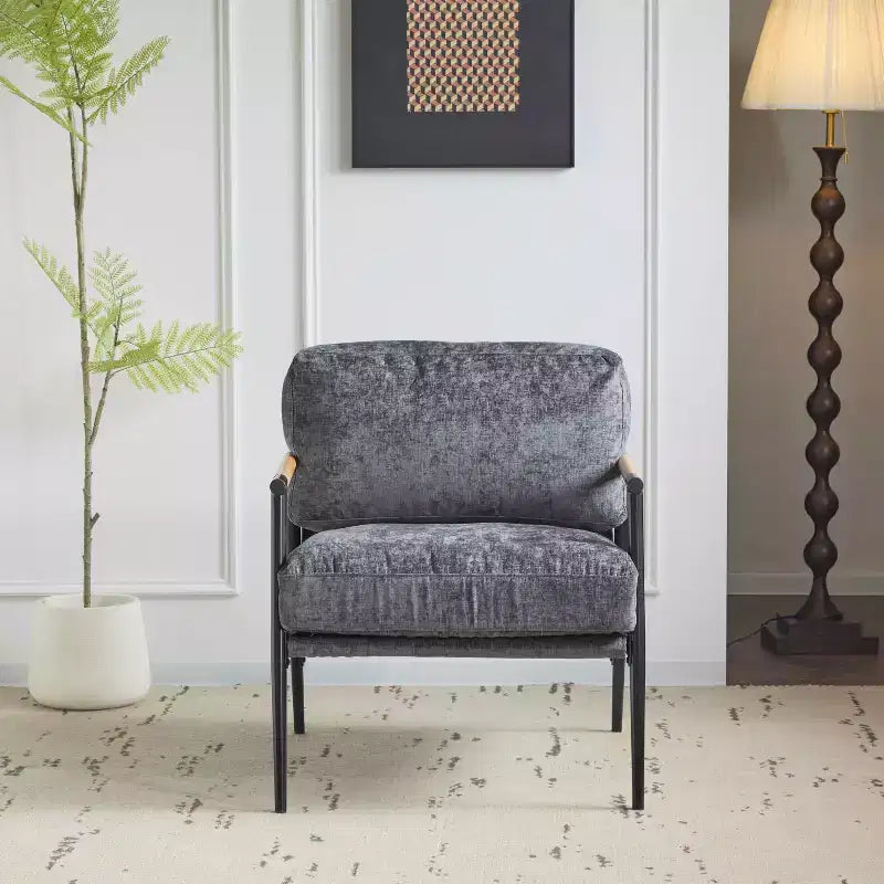 27.56 Modern Accent Chair, Plush Cushions Minimalist Metal Frame Wooden Armrest, Living Room Bedroom Office