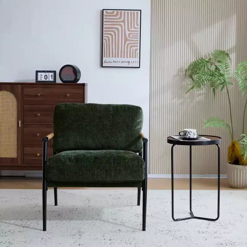 27.56 Modern Accent Chair, Plush Cushions Minimalist Metal Frame Wooden Armrest, Living Room Bedroom Office
