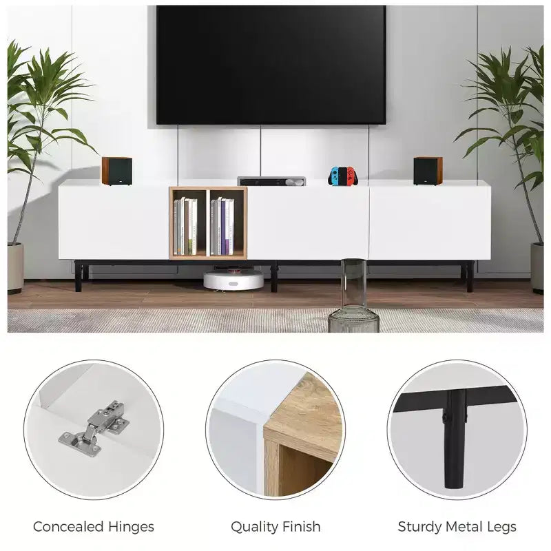Modern TV Stand for 80 TV with 3 Doors, Entertain Center with Large Storage Cabinet for Living Room Bedroom White