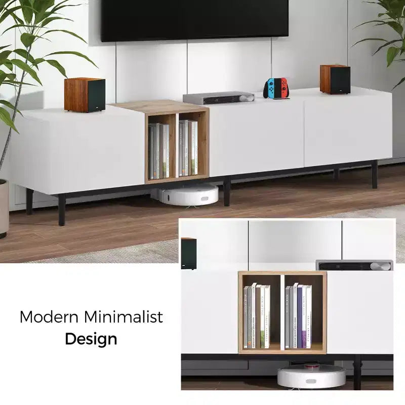 Modern TV Stand for 80 TV with 3 Doors, Entertain Center with Large Storage Cabinet for Living Room Bedroom White