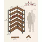6-Tier Corner Bookshelf, Convertible Metal Frame Shelf with Adjustable Feet, 463 lb Capacity for Living Room Office, Rustic Brown & Black