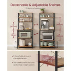 Bakers Rack with Power Outlet, 65.7 Inch Coffee Bar Shelf with Adjustable Shelf & 6 Hooks, Microwave Stand for Kitchen