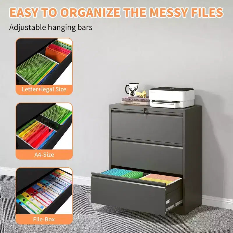Lockable Lateral File Cabinet Heavy-Duty Metal for Home Office, Silent Full-Extension Slides, Anti-Tilt, Fits Letter/Legal/A4/F4