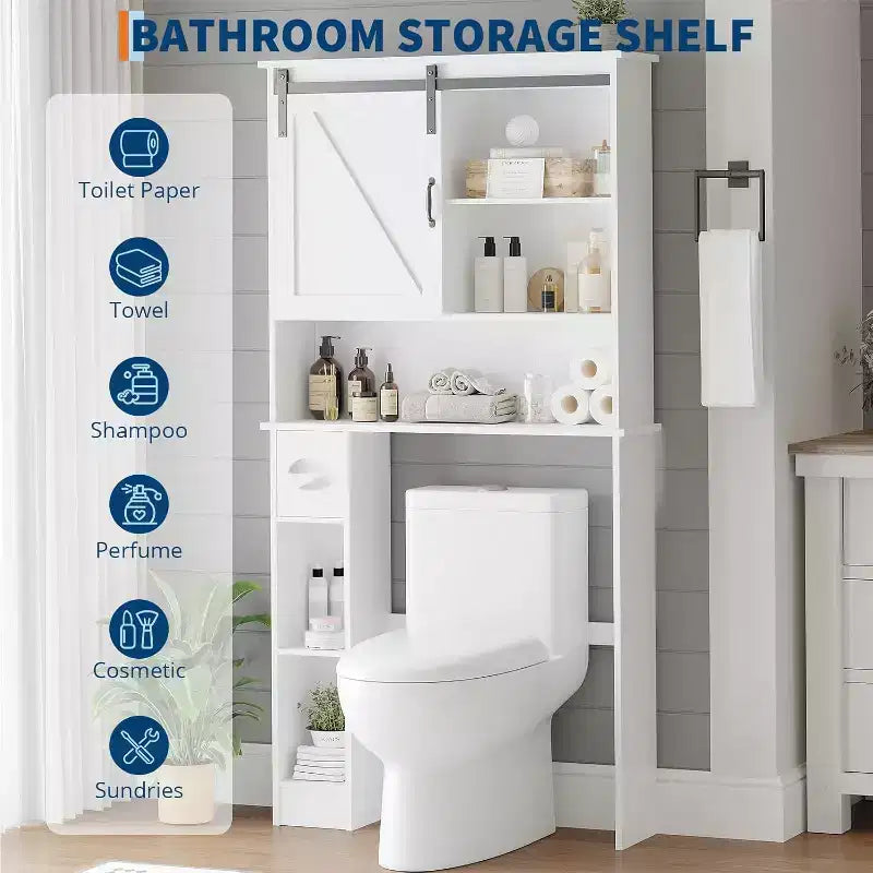 Mobiletto da Bagno Sopra il WC con Ante a Fienile, Supporto per Carta Igienica e Ripiani Regolabili, Bianco