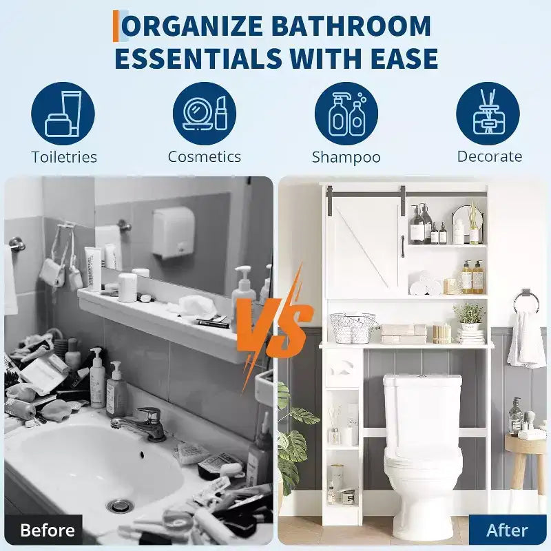 Mobiletto da Bagno Sopra il WC con Ante a Fienile, Supporto per Carta Igienica e Ripiani Regolabili, Bianco