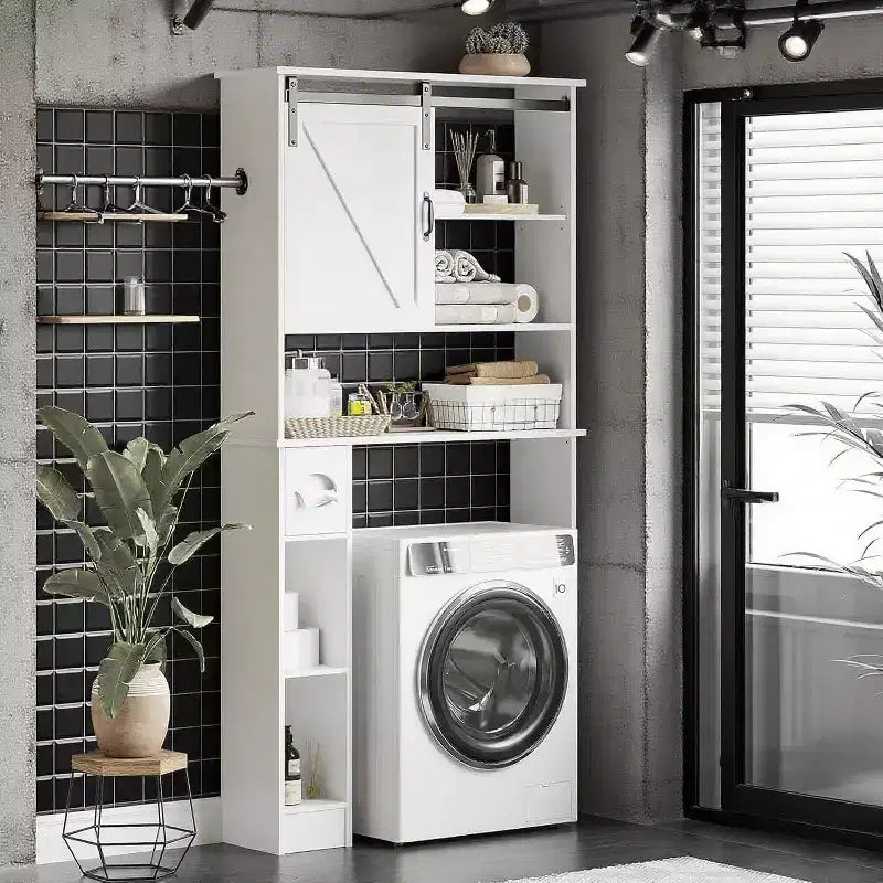 Mobiletto da Bagno Sopra il WC con Ante a Fienile, Supporto per Carta Igienica e Ripiani Regolabili, Bianco