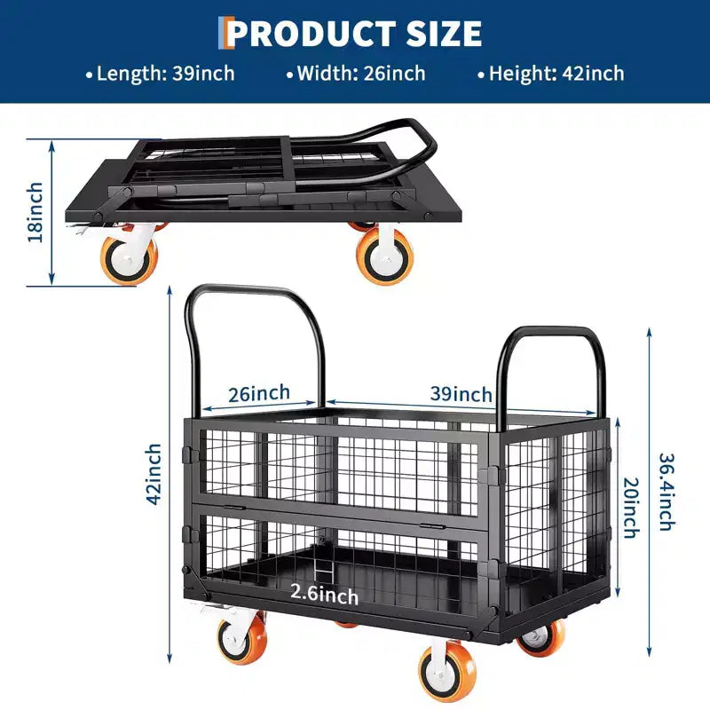 2000Lbs Platform Truck Cart with Cage,Heavy Duty Folding Hand Truck Cage Carts, Foldable Push Cart Dolly
