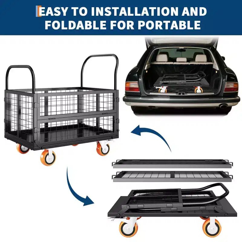 2000Lbs Platform Truck Cart with Cage,Heavy Duty Folding Hand Truck Cage Carts, Foldable Push Cart Dolly