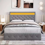 Grey Queen Upholstered Platform Bed with Modern Headboard, Ambient Headboard Design, No Box Spring Needed, Easy Assembly Sleek Neutral Bedroom Upgrade