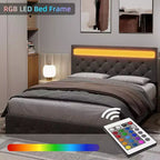 Grey Queen Upholstered Platform Bed with Modern Headboard, Ambient Headboard Design, No Box Spring Needed, Easy Assembly Sleek Neutral Bedroom Upgrade